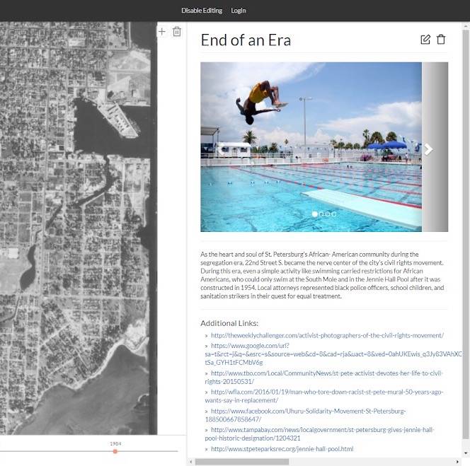 We worked with Neighborhood News Bureau (NNB) to create an accessible and engaging educational tool that provides a map visualization and timeline of historical events. Students will be able to experience a guided tour of various stories automatically sorted in chronological order. Admins will be able to add more stories as more are uncovered. This tool is set to launch later this year in September/October in celebration of the 150 years since the arrival of the first black settlers to St. Petersburg in 1868.